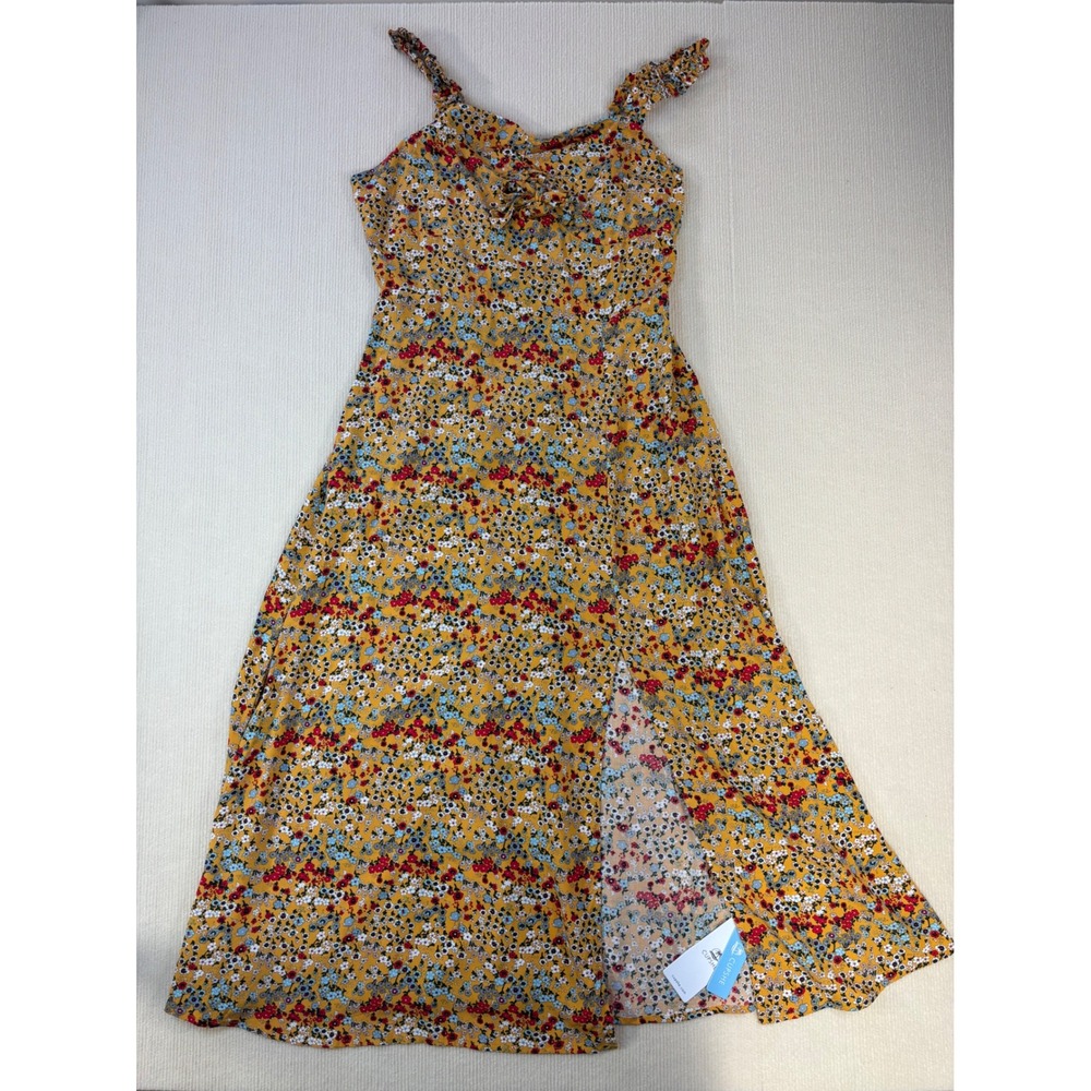 Cupshe Mustard Yellow Floral Ruffle Strap Smocked Midi Dress NWT Medium